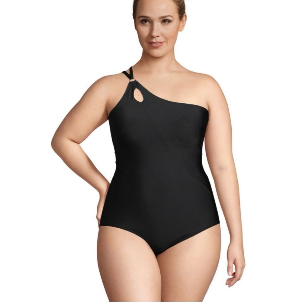 Lands' End UPF 50 Full Coverage Tummy Control One Shoulder One Piece Black 24W - Picture 7 of 11